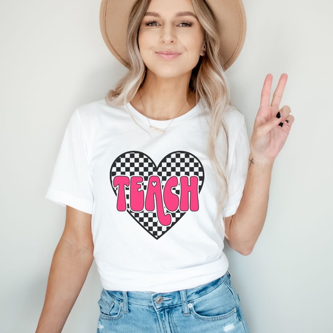 "Checkered Heart Teach" Teacher T-shirt