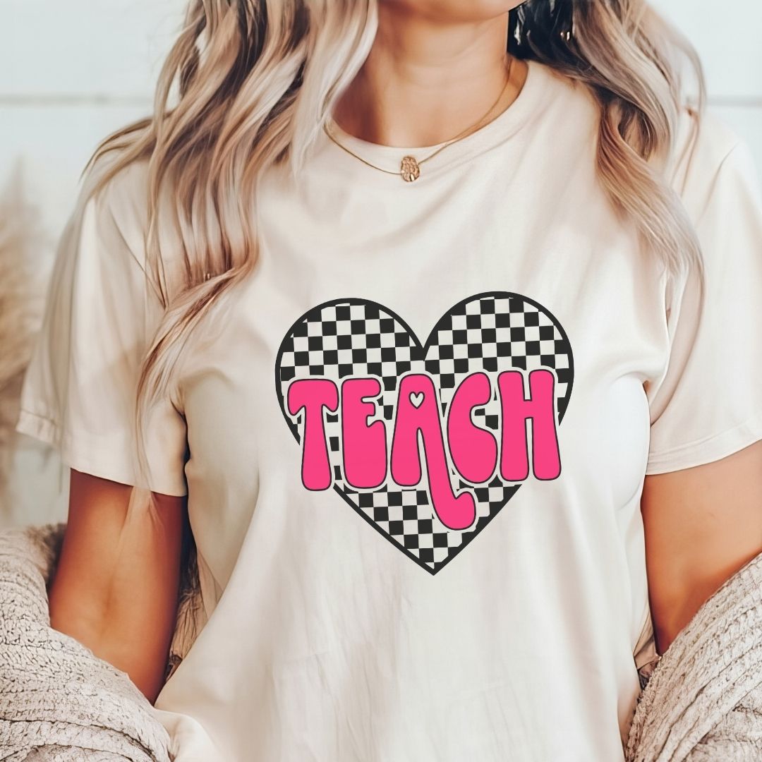 "Checkered Heart Teach" Teacher T-shirt