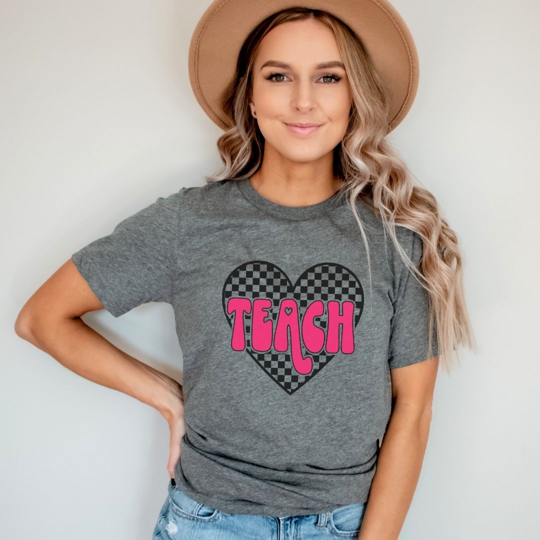 "Checkered Heart Teach" Teacher T-shirt