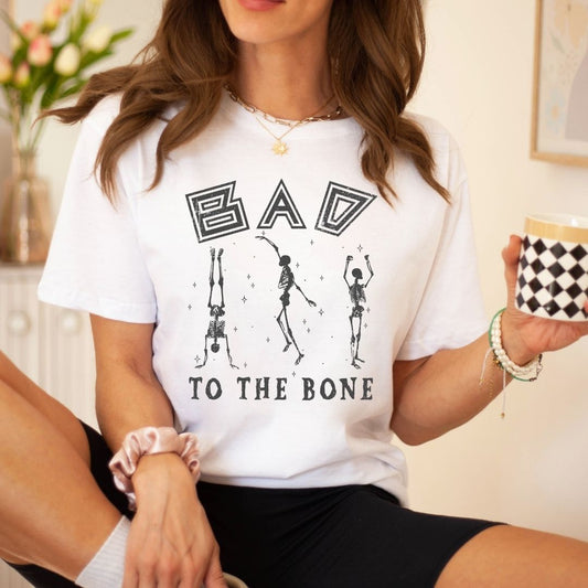 "Bad to the Bone" Distressed Halloween Teacher T-shirt