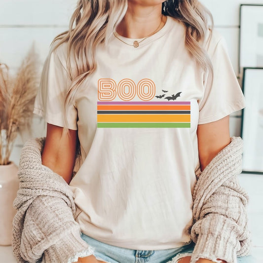 "Boo Retro Striped" Halloween Teacher T-shirt
