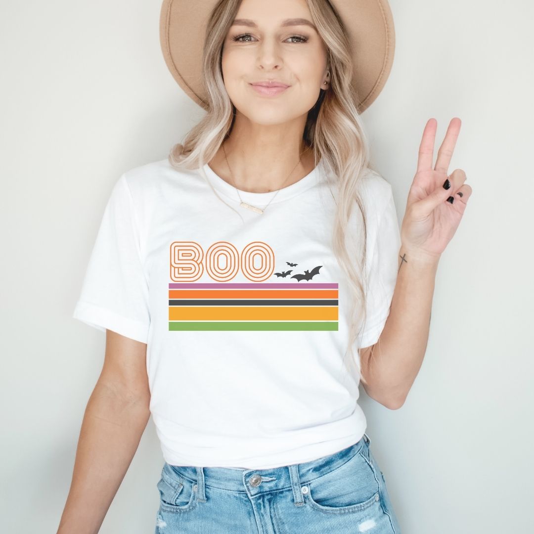 "Boo Retro Striped" Halloween Teacher T-shirt