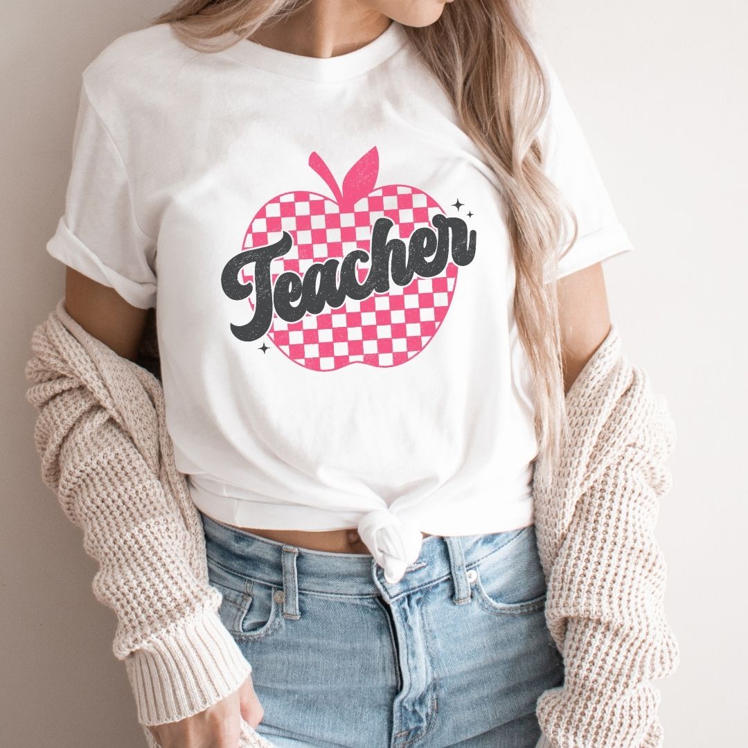 "Checkered Apple Teacher" Distressed Teacher T-shirt