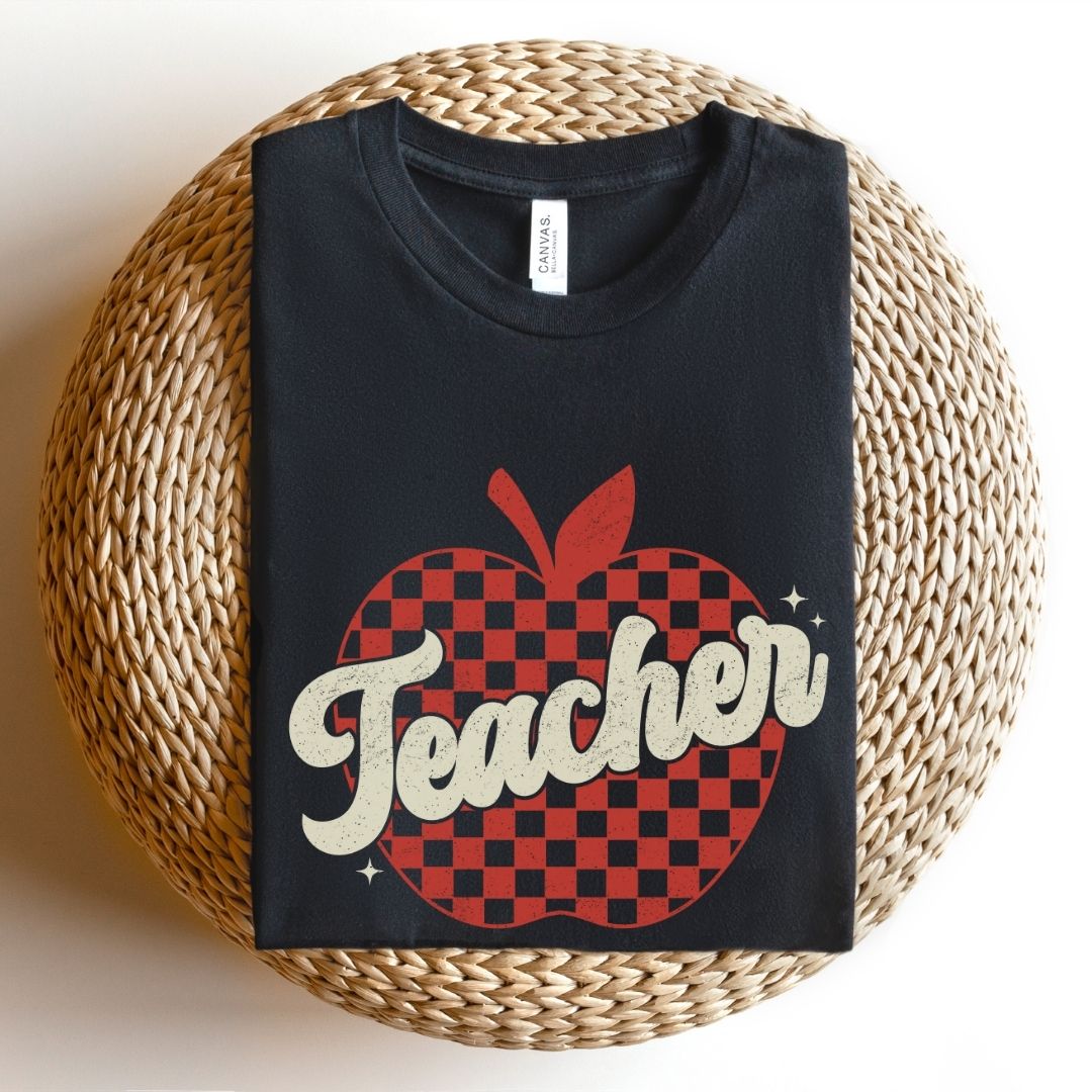 "Checkered Apple Teacher" Distressed Teacher T-shirt
