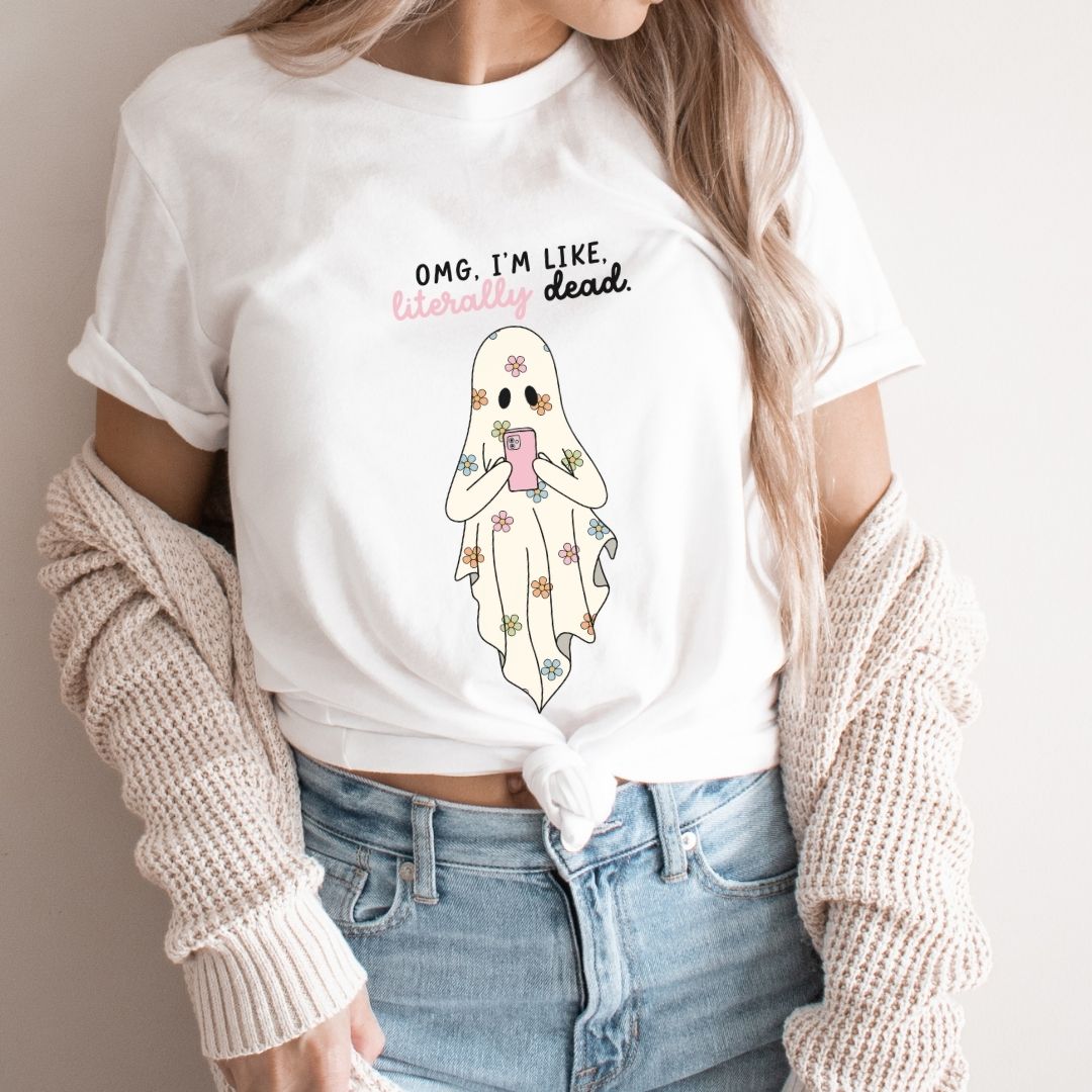 "OMG I'm Like Literally Dead" Floral Ghost Halloween Teacher T-shirt