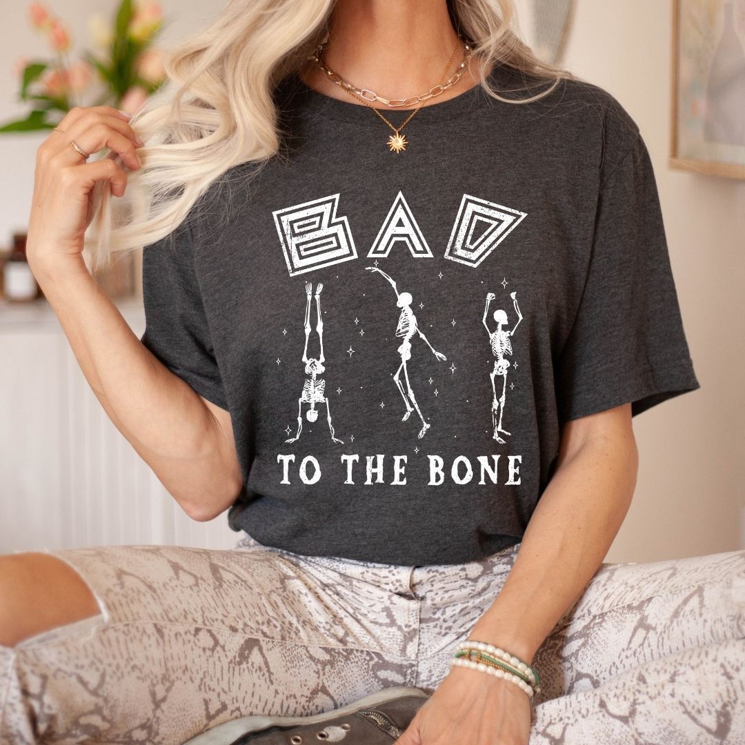 "Bad to the Bone" Distressed Halloween Teacher T-shirt - Teacher Care Crate - T-Shirt