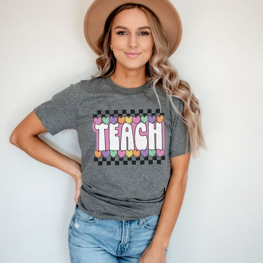 "Candy Heart Checkered Teach" Teacher T-shirt - Teacher Care Crate - T-Shirt