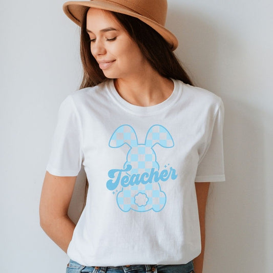 "Checkered Bunny" Easter Teacher T-shirt - Teacher Care Crate - T-Shirt