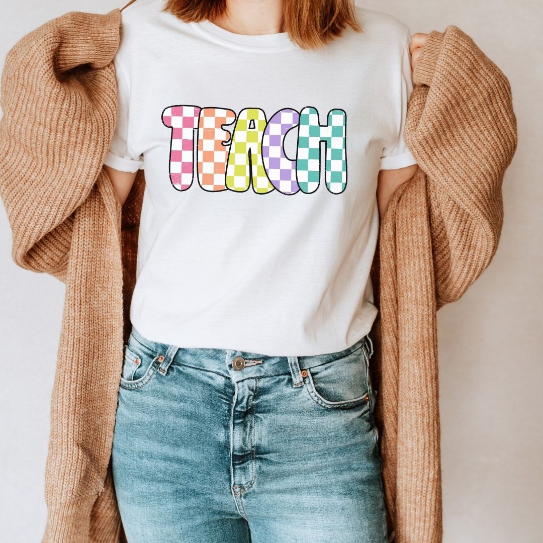 "Checkered Colorful Teach" Teacher T-shirt - Teacher Care Crate - T-Shirt