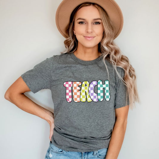 "Checkered Colorful Teach" Teacher T-shirt - Teacher Care Crate - T-Shirt