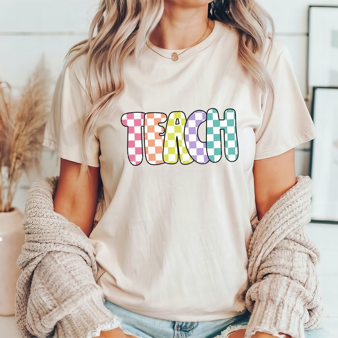 "Checkered Colorful Teach" Teacher T-shirt - Teacher Care Crate - T-Shirt