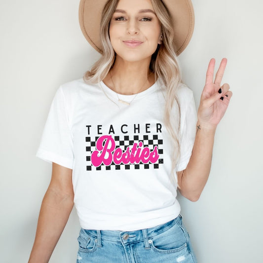 "Checkered Teacher Besties" Vintage Teacher T-shirt - Teacher Care Crate - T-Shirt