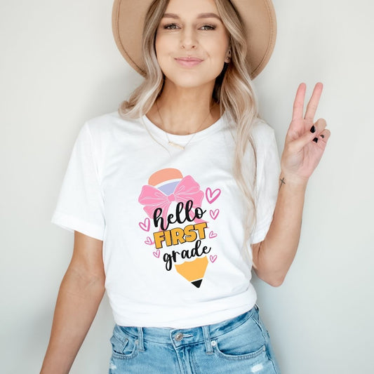 "Hello 1st Grade" Bow Pencil Teacher T-shirt - Teacher Care Crate - T-Shirt