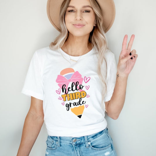 "Hello 3rd Grade" Bow Pencil Teacher T-shirt - Teacher Care Crate - T-Shirt