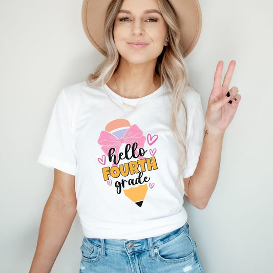 "Hello 4th Grade" Bow Pencil Teacher T-shirt - Teacher Care Crate - T-Shirt