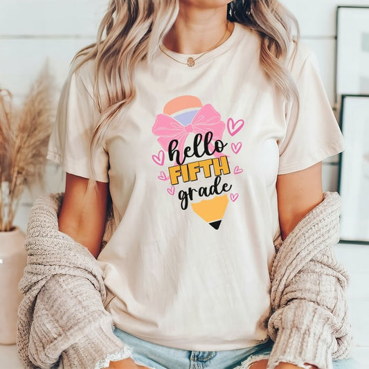 "Hello 5th Grade" Bow Pencil Teacher T-shirt - Teacher Care Crate - T-Shirt