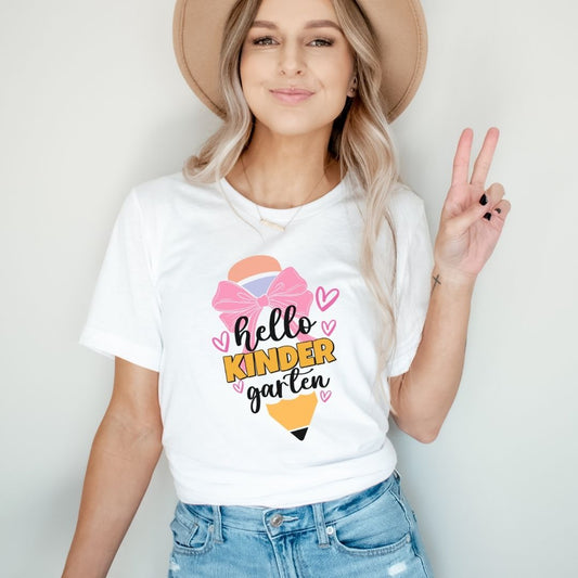 "Hello Kindergarten" Bow Pencil Teacher T-shirt - Teacher Care Crate - T-Shirt