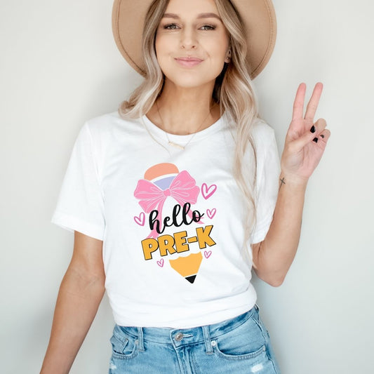 "Hello Pre - K" Bow Pencil Teacher T-shirt - Teacher Care Crate - T-Shirt