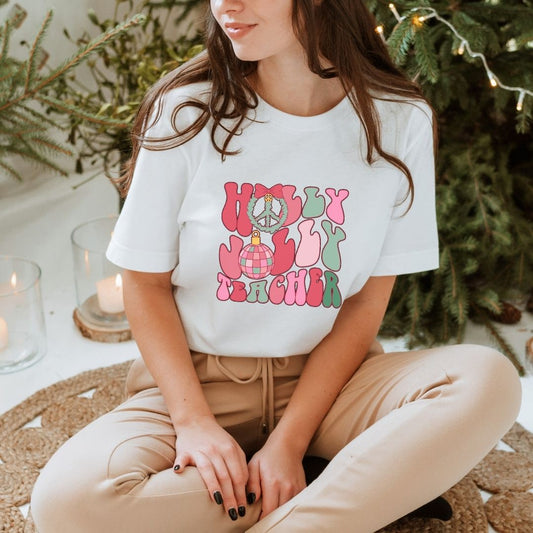 "Holly Jolly Teacher" Disco Ball Teacher T-shirt - Teacher Care Crate - T-Shirt