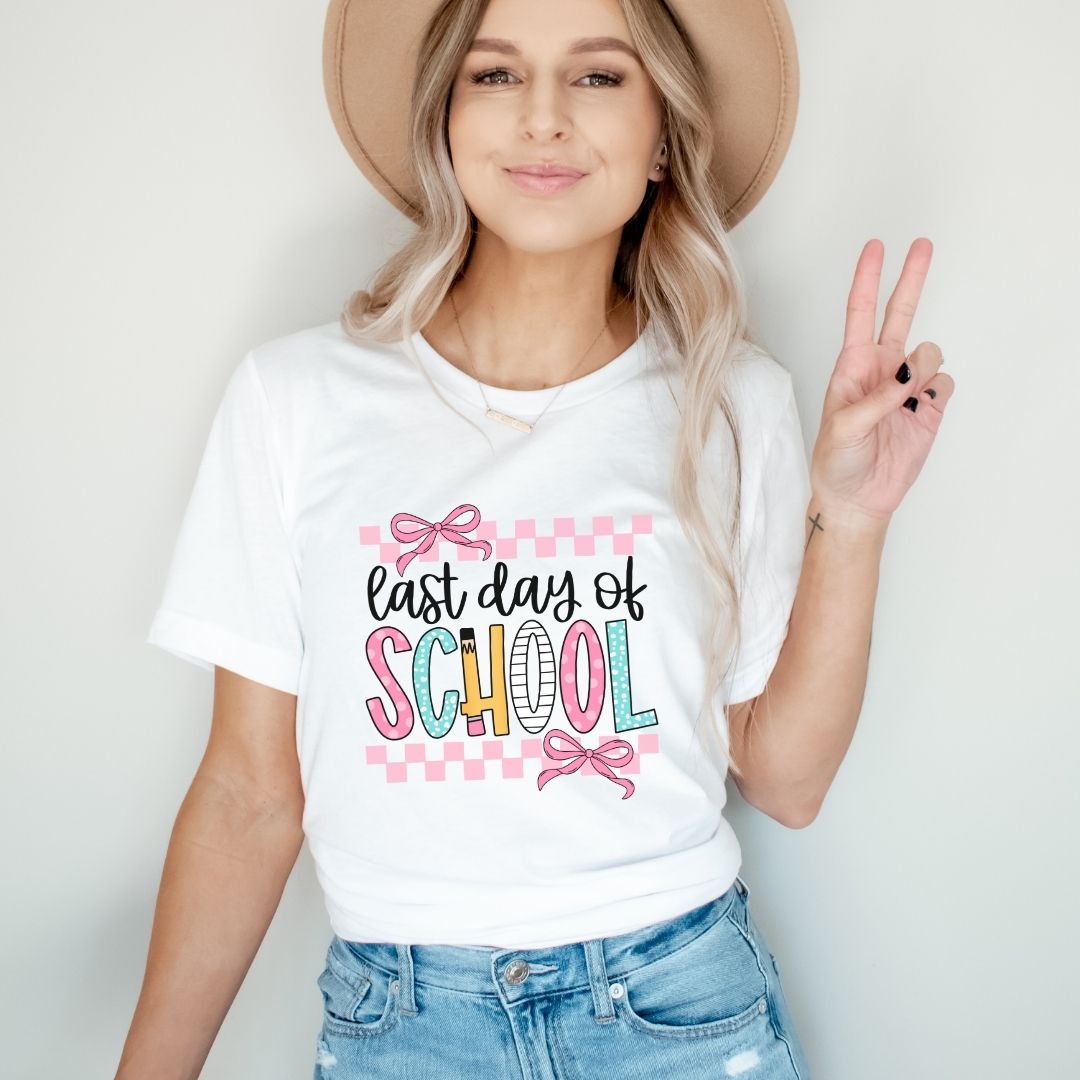 "Last Day of School" Coquette Bow Teacher T-shirt - Teacher Care Crate - T-Shirt