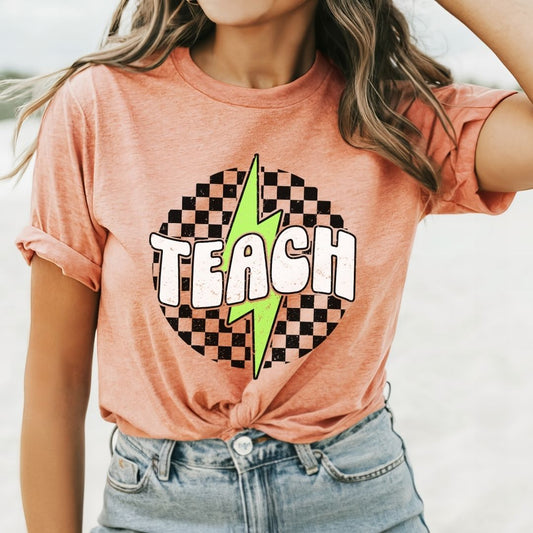 "TEACH" Green Lightning Distressed Teacher T-shirt - Teacher Care Crate - T-Shirt