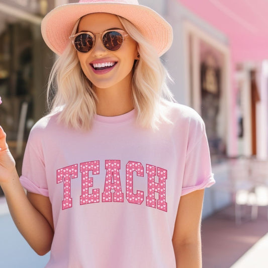 "TEACH" Heart Varsity Letter Teacher T-shirt - Teacher Care Crate - T-Shirt