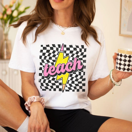 "TEACH" Square Checkered Distressed Teacher T-shirt - Teacher Care Crate - T-Shirt