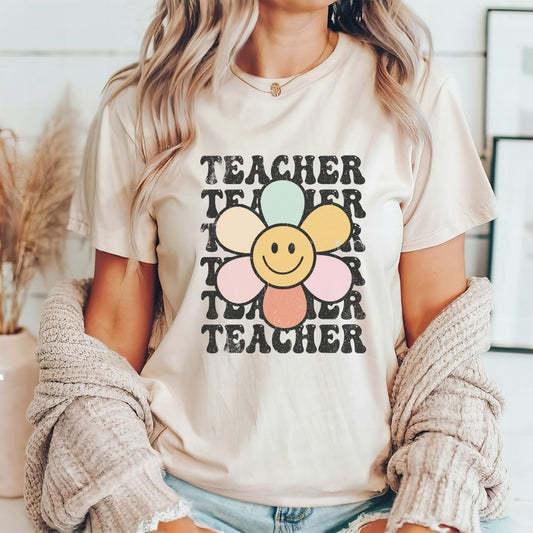 "Teacher Daisy" Colorful Distressed Teacher T-shirt - Teacher Care Crate - T-Shirt
