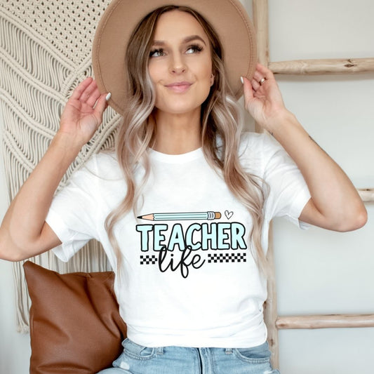 "Teacher Life" Light Blue Pencil Teacher T-shirt