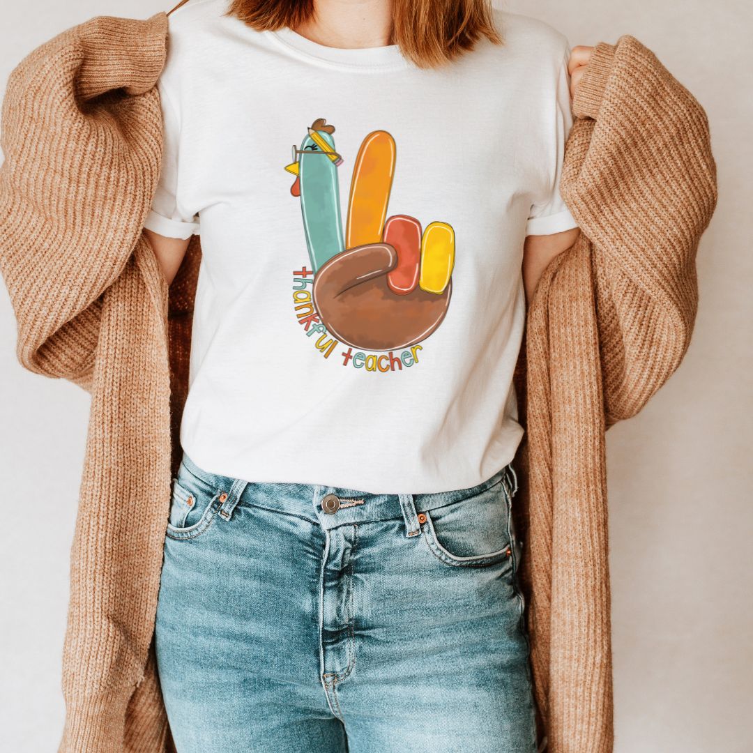 "Thankful Teacher Turkey Hand" Thanksgiving Teacher T-shirt - Teacher Care Crate - T-Shirt