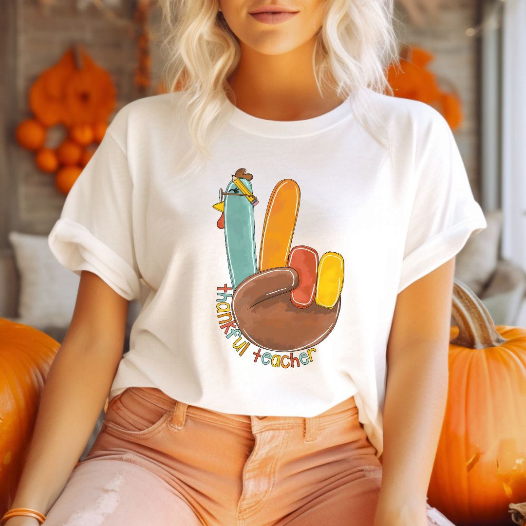 "Thankful Teacher Turkey Hand" Thanksgiving Teacher T-shirt - Teacher Care Crate - T-Shirt