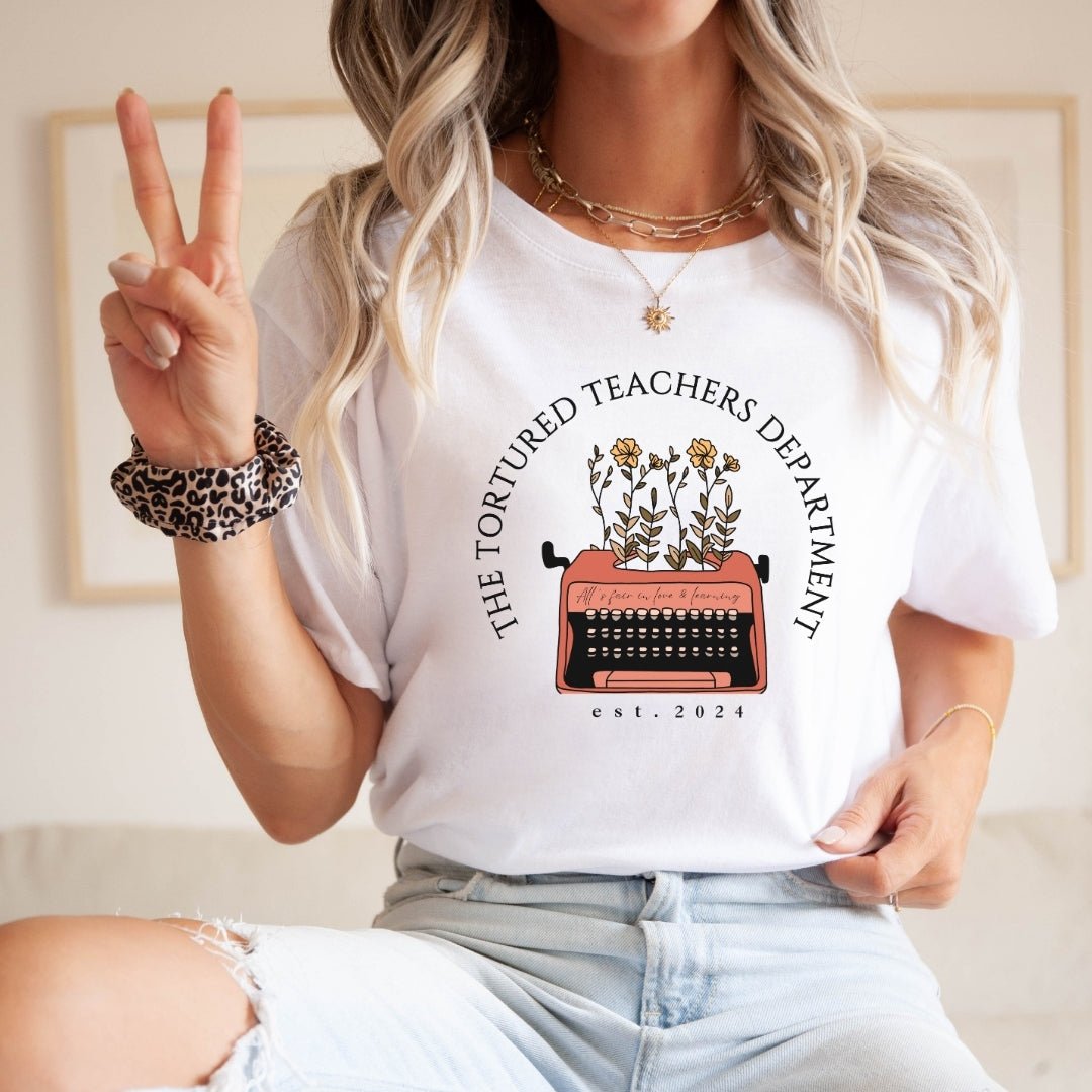 "The Tortured Teachers Department" Typewriter Teacher T-shirt - Teacher Care Crate - T-Shirt