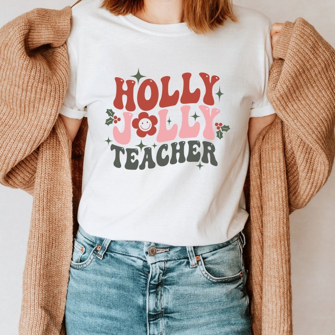 "Holly Jolly Teacher" Smiley Teacher T-shirt