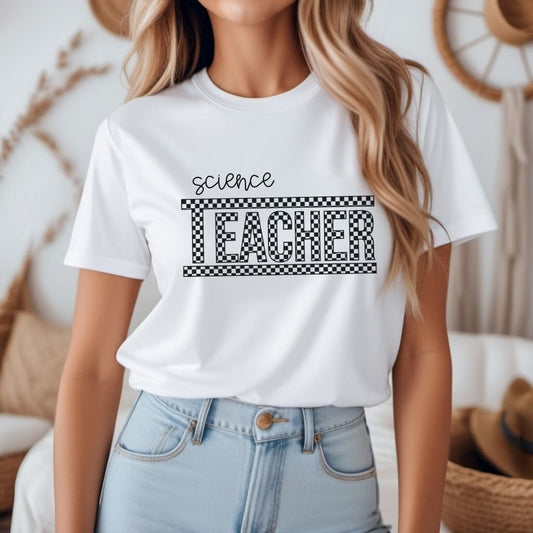 "Science Teacher" Checkered Teacher T-shirt