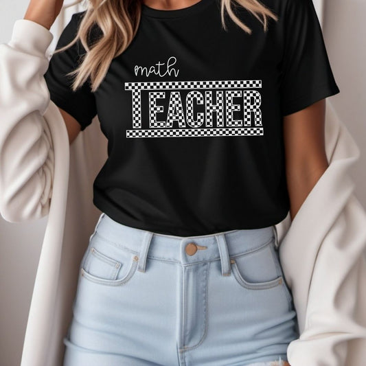 Math Teacher" Checkered T-shirt