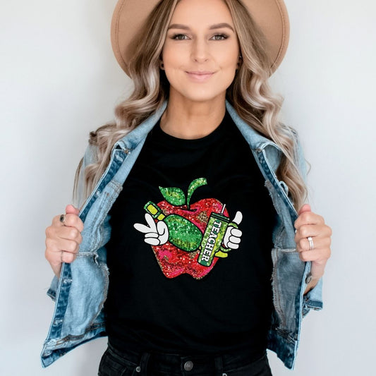 "Glitter Effect Apple" Teacher T-shirt