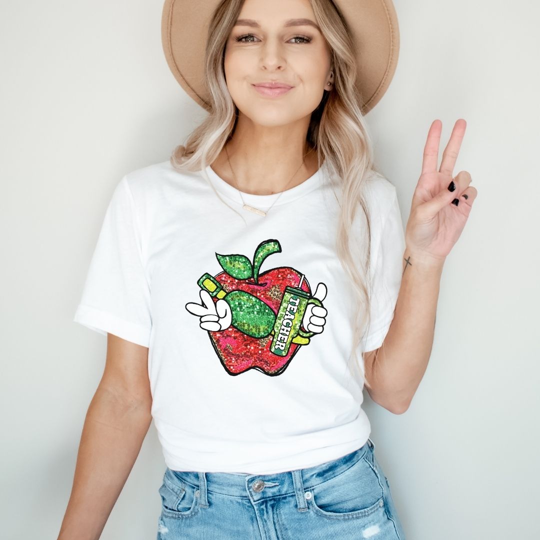 "Glitter Effect Apple" Teacher T-shirt