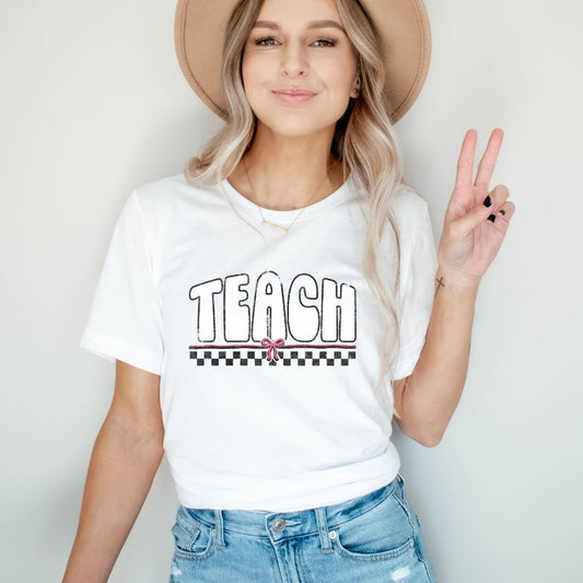 "Distressed Teach with Bow" Vintage Teacher T-shirt