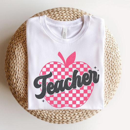 "Checkered Apple Teacher" Distressed Teacher T-shirt