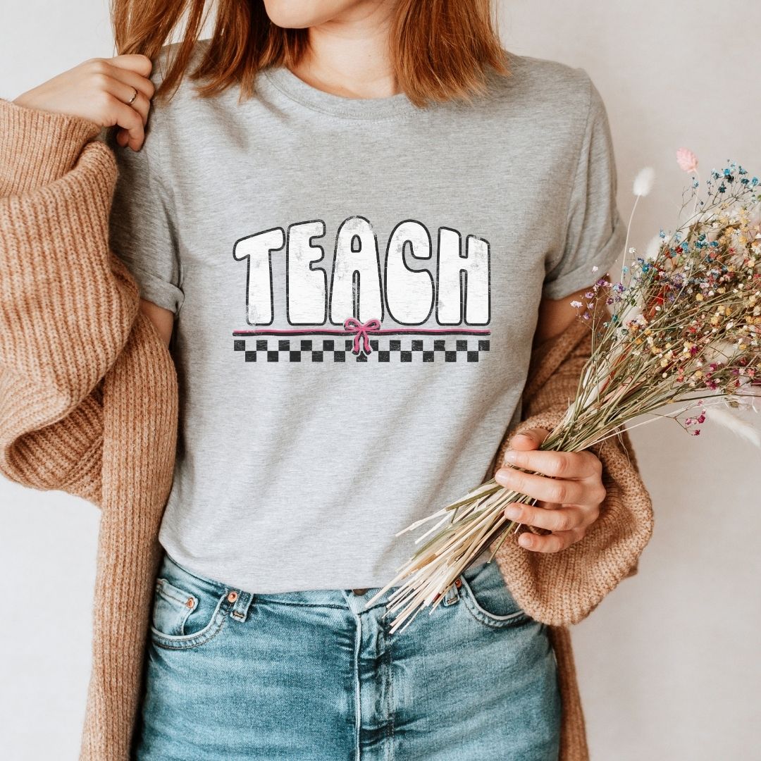 "Distressed Teach with Bow" Vintage Teacher T-shirt