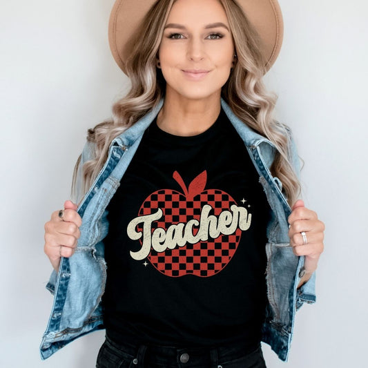 "Checkered Apple Teacher" Distressed Teacher T-shirt