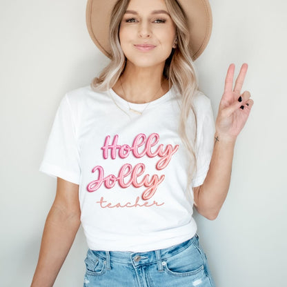 "Holly Jolly Teacher" Pink Balloon Teacher T-shirt