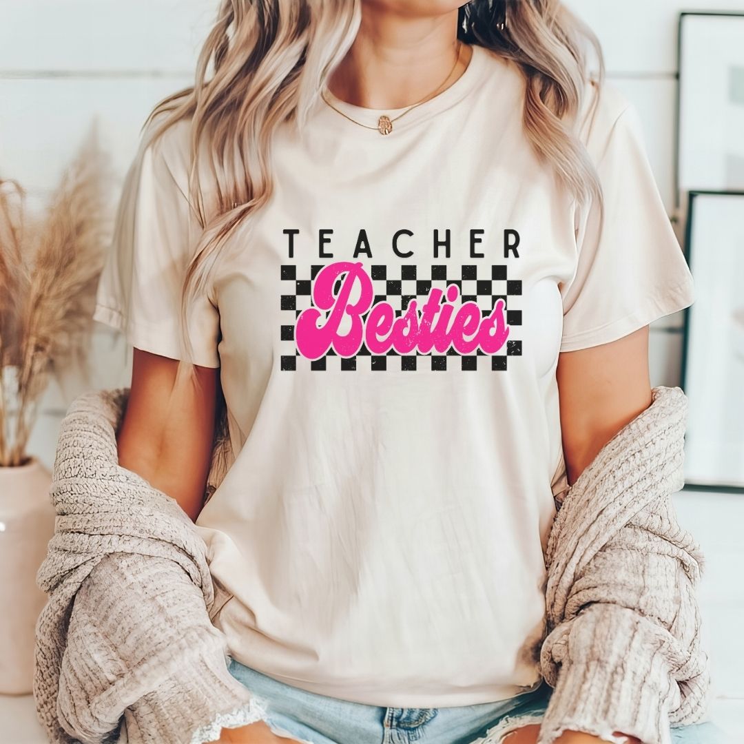 "Checkered Teacher Besties" Vintage Teacher T-shirt - Teacher Care Crate - T-Shirt