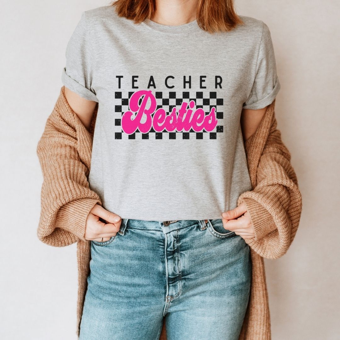 "Checkered Teacher Besties" Vintage Teacher T-shirt - Teacher Care Crate - T-Shirt