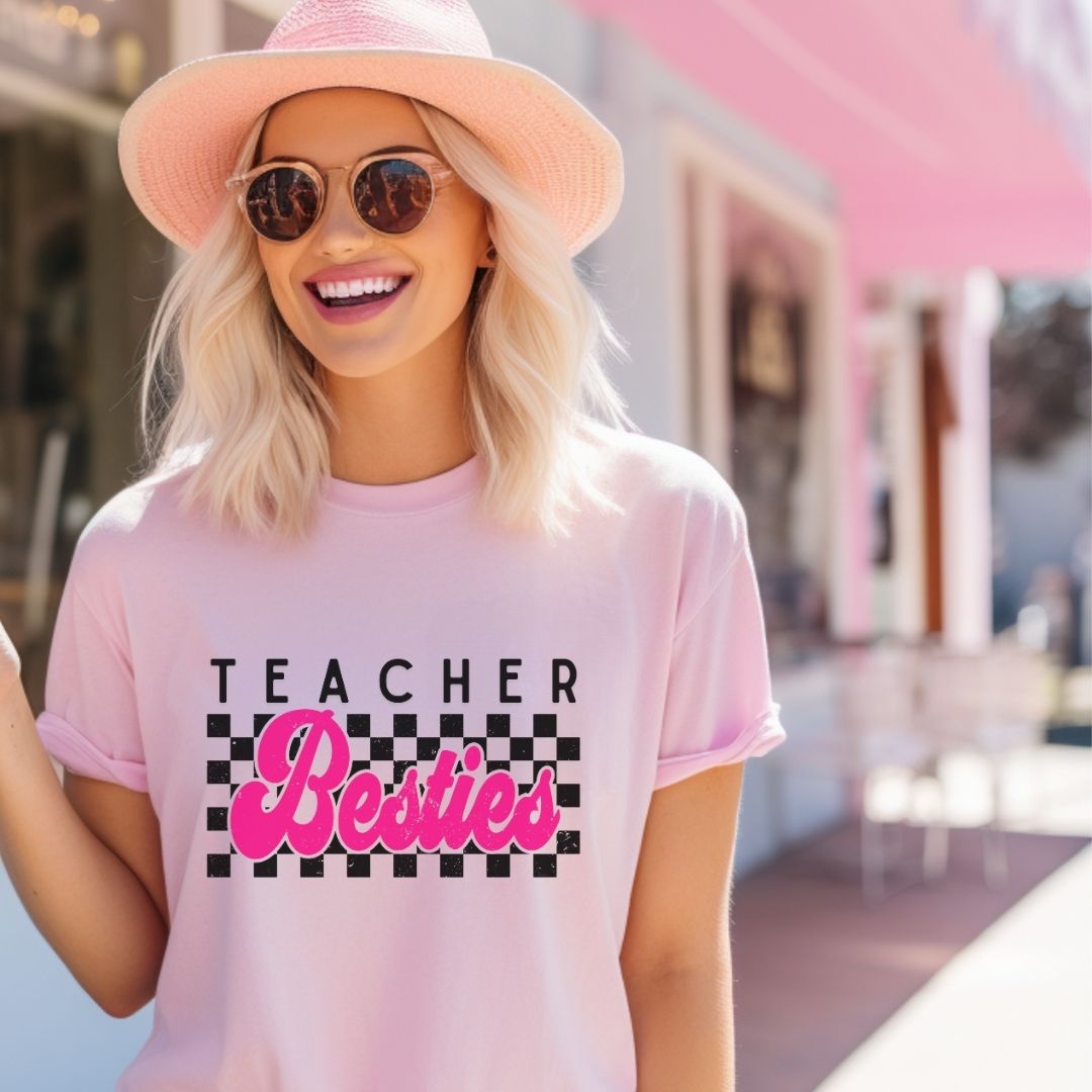 "Checkered Teacher Besties" Vintage Teacher T-shirt - Teacher Care Crate - T-Shirt