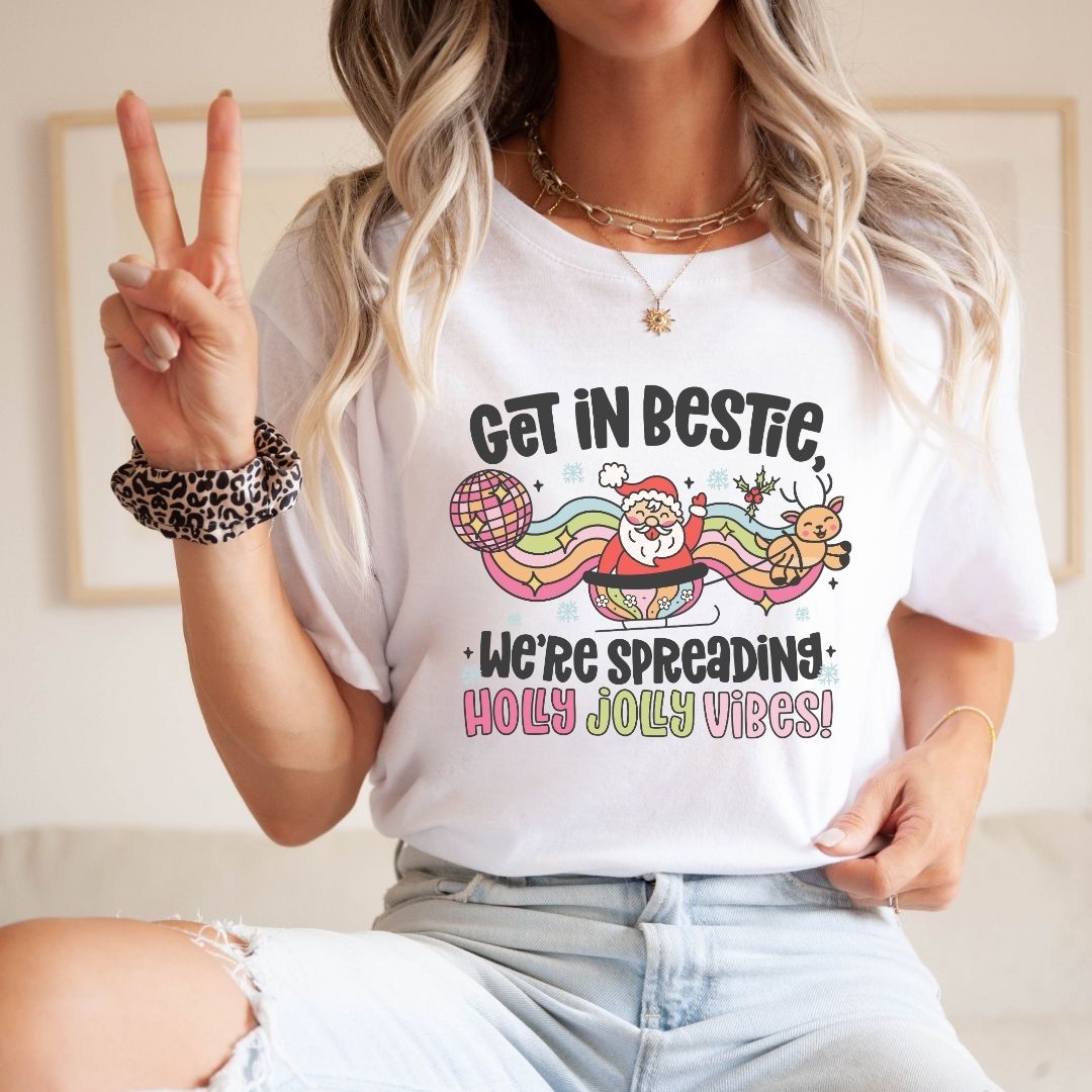 "Get in Bestie, We're Spreading Holly Jolly Vibes" Teacher T-shirt - Teacher Care Crate - T-Shirt