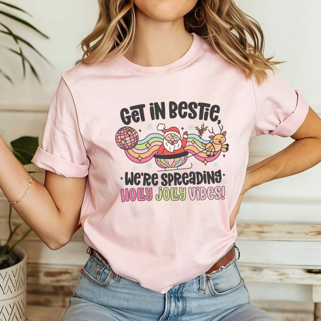 "Get in Bestie, We're Spreading Holly Jolly Vibes" Teacher T-shirt - Teacher Care Crate - T-Shirt
