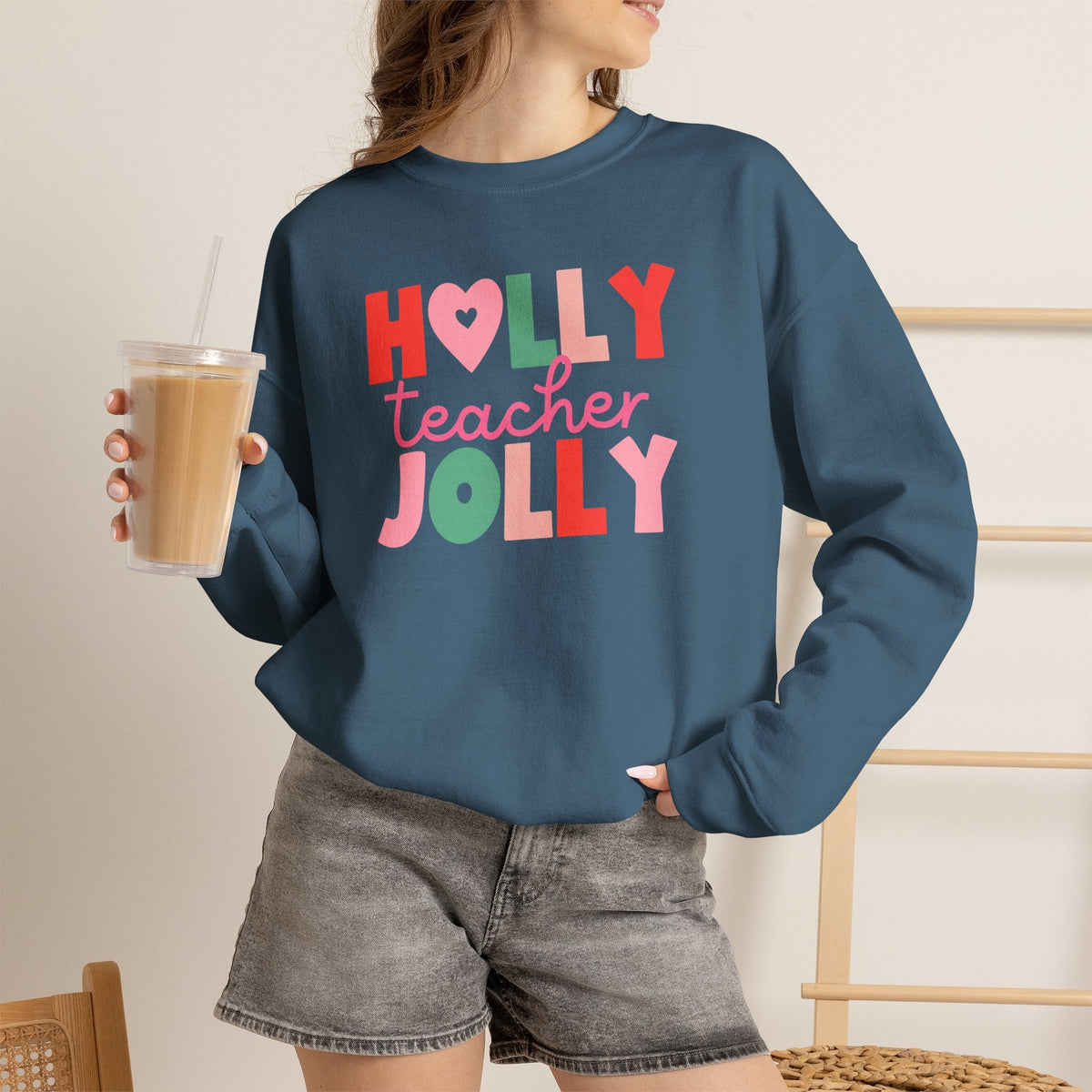 "Holly Jolly Teacher" Multi-color Teacher Sweatshirt - Teacher Care Crate-Sweatshirt