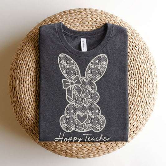 "Hoppy Teacher" Faux Embroidery Teacher T-shirt - Teacher Care Crate - T-Shirt