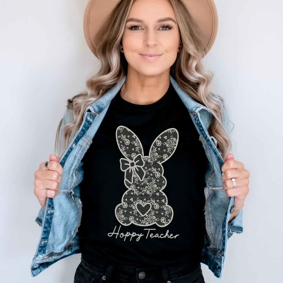 "Hoppy Teacher" Faux Embroidery Teacher T-shirt - Teacher Care Crate - T-Shirt